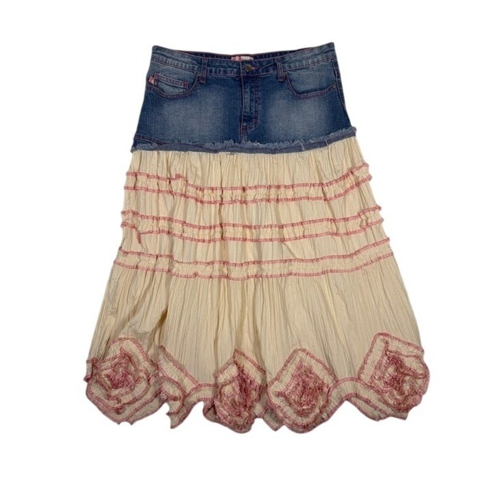 Crest Women Mixed Media Denim Gauze Maxi Skirt Blue Cream Pink Boho Y2K Sz L